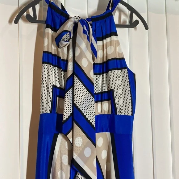 ELIZA J Blue Polka Dot Scarf Print Crepe de Chin Fit & Flare Halter Maxi Dress - Picture 11 of 12